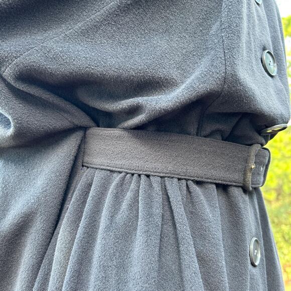 Vintage 40s/50s Charcoal Fleece Cascade Waterfall Backside Belted Midi Dress - Picture 6 of 8